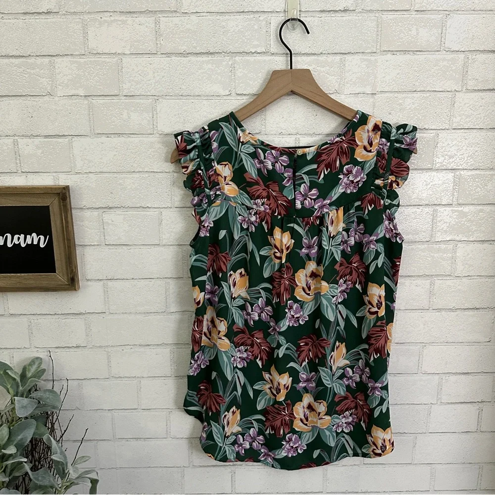LOFT Green Flowered Ruffle Cap Sleeve Top - Picture 7 of 9